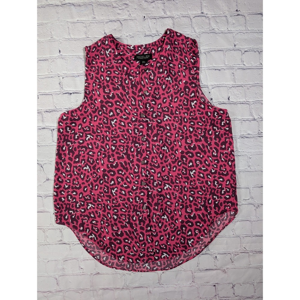 Rachel Zoe Pink Leopard Print Sleeveless Blouse Womens M Polyester Animal Top